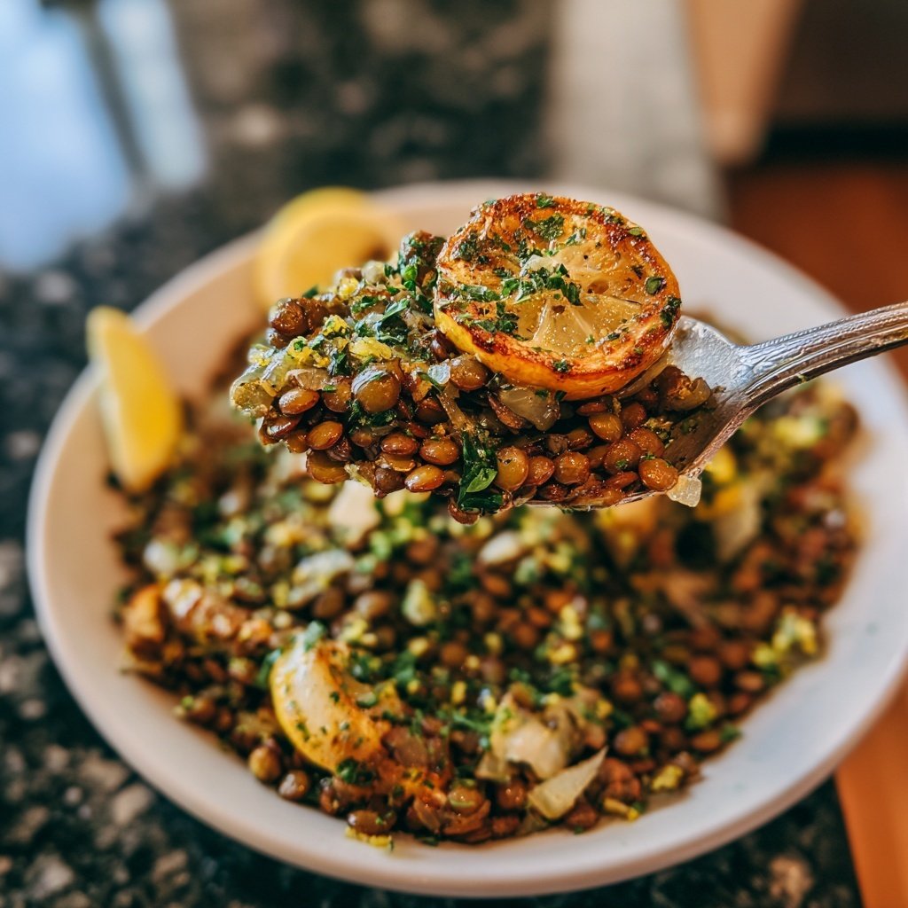 Roasted Lemon Garlic Lentil Skillet